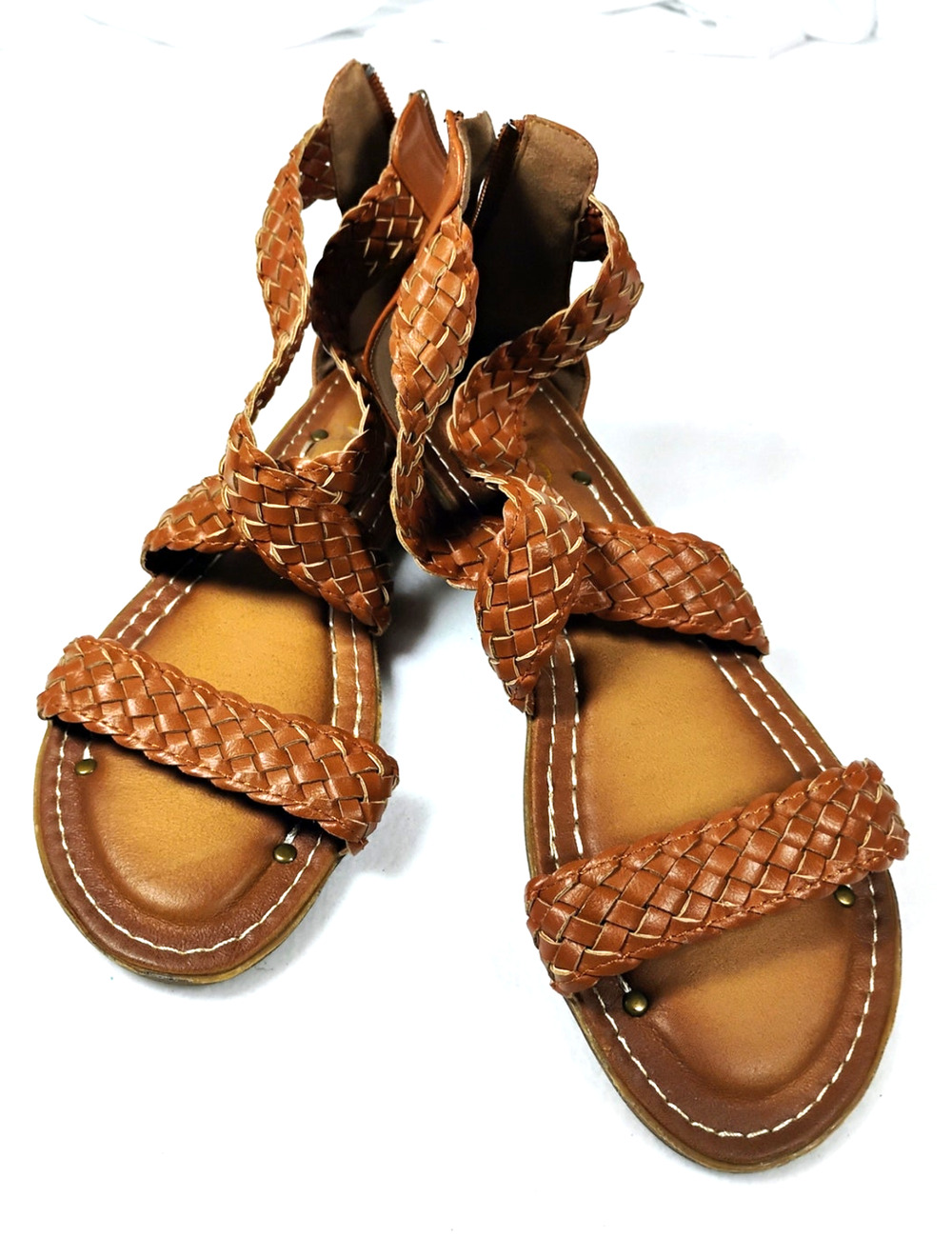 Ollio Cognac Woven Gladiator Flat Sandals Womens 8 Braided Back Zip Boho